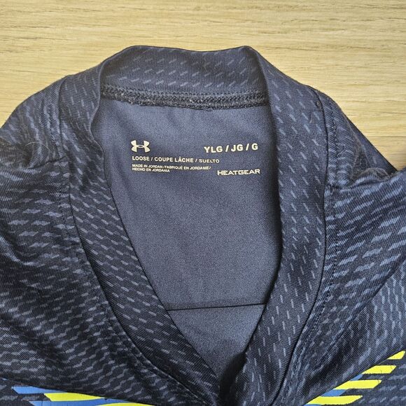UNDER ARMOUR Boys Blue Neon Yellow Activewear Heat Gear Shirt Large - Picture 5 of 6
